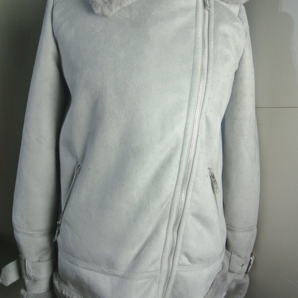 Hollister Biker Jacket Small Faux Suede Fur Grey Plush Super Soft NEW With Defec - Picture 12 of 14